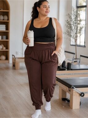Gracyoga XXL Brown Wide Waistband Harem Jogger Pants Pockets Soft Stretch NWT